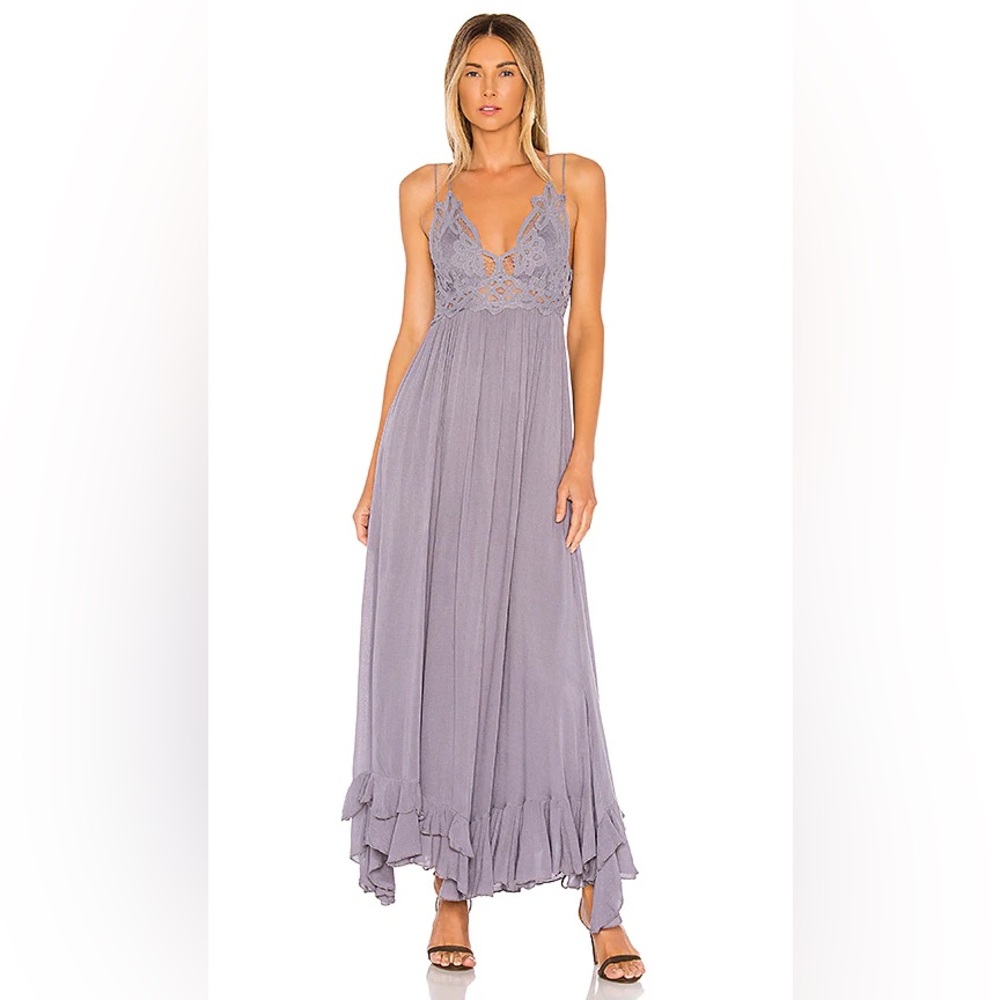NWT Free People Adella Maxi Slip Dress Long Ruffle Lace Slate Purple Gray XS